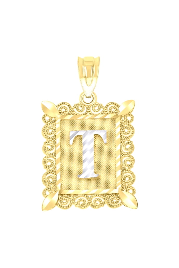 10k 10kt Gold Two-tone Diamond-cut Unisex Letter T Initial Charm Pendant for Men Women