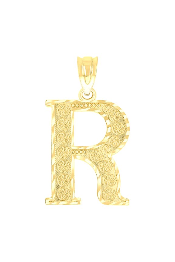 10k 10kt Yellow Gold Unisex Diamond-cut Initial Letter R Charm Pendant for Men Women