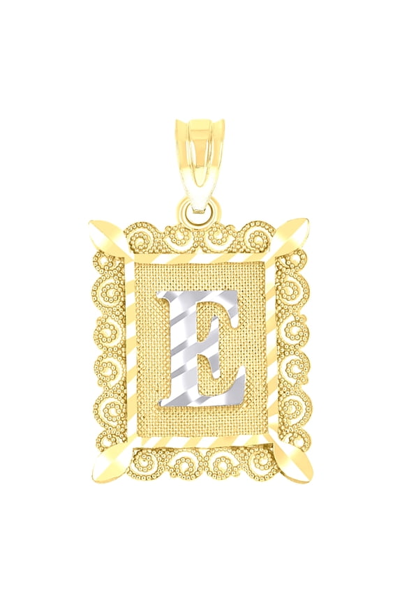 10k Two-tone Gold Unisex Diamond-cut Initial E Charm Pendant for Men Women