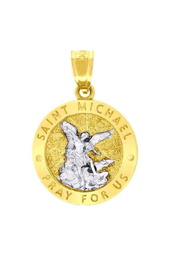 10k Two-tone Gold Unisex Textured Saint Michael Pray for Us Religious Charm Pendant for Men Women