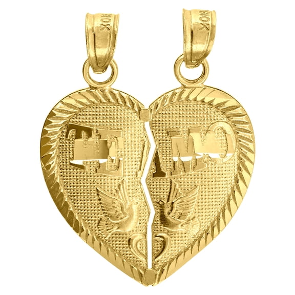 10k Yellow Gold Unisex Diamond-cut Te Amo Broken Heart Peace Charm Pendant for Men Women