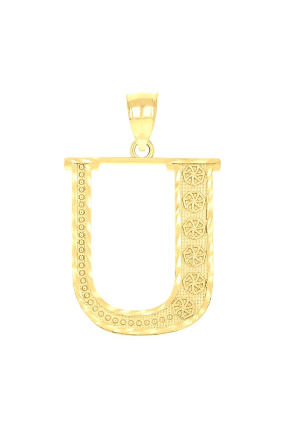 10k Yellow Gold Unisex Floral Initial Alphabet U Charm Pendant for Men Women