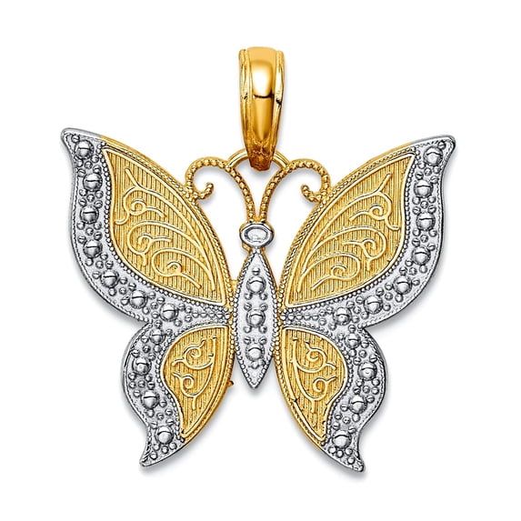 10k Gold Butterfly With Textured Angel Wings Two-color Charm Pendant Necklace for Women - 2.0 Grams