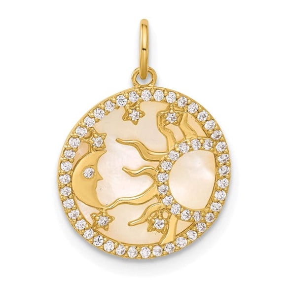 10k Gold CZ and Mother of Pearl Sun Moon and Stars Disc Charm Pendant