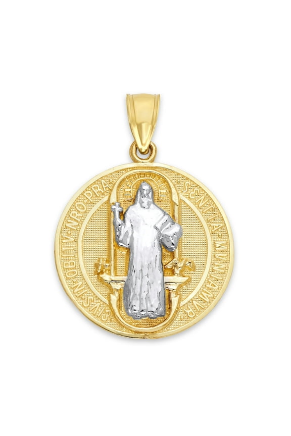 10k Gold Dainty Saint Benedict Double Sided Medallion Pendant, Solid Gold San Benito Medal for Necklace