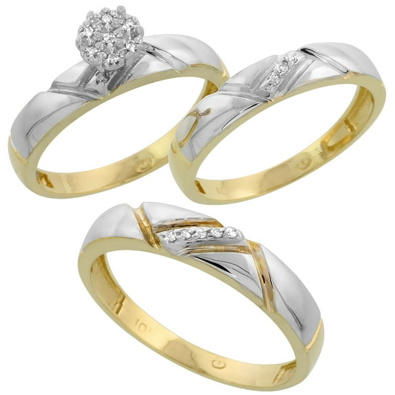 10k Gold Diamond Trio Engagement Wedding Ring Set for Him and Her 3-piece 4.5 mm & 4 mm 0.10 cttw size 5.5