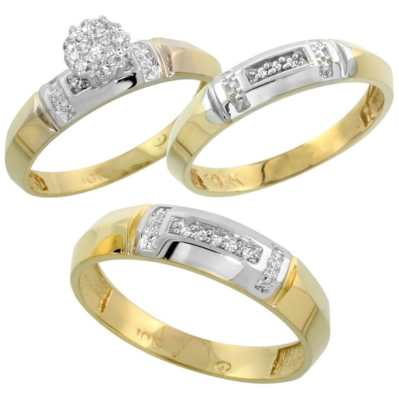 10k Gold Diamond Trio Engagement Wedding Ring Set for Him and Her 3-piece 4.5 mm & 4 mm 0.10 cttw size 5
