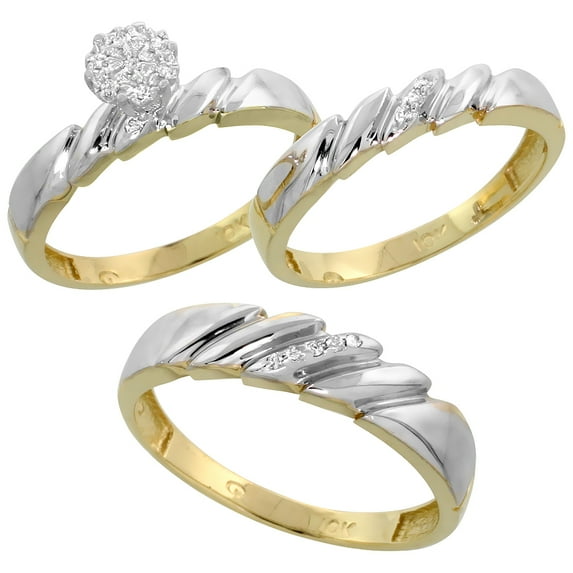 10k Gold Diamond Trio Engagement Wedding Ring Set for Him and Her 3-piece 5 mm & 4 mm 0.10 cttw size 6