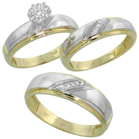 10k Gold Diamond Trio Engagement Wedding Ring Set for Him and Her 3-piece 7 mm & 5.5 mm 0.09 cttw size 7.5