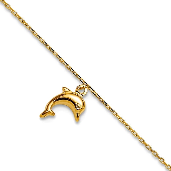 10k Solid Yellow Gold Dolphin Charm 9in With 1in Extension Anklet 9mm Wide 10 Inch Anklet for Women