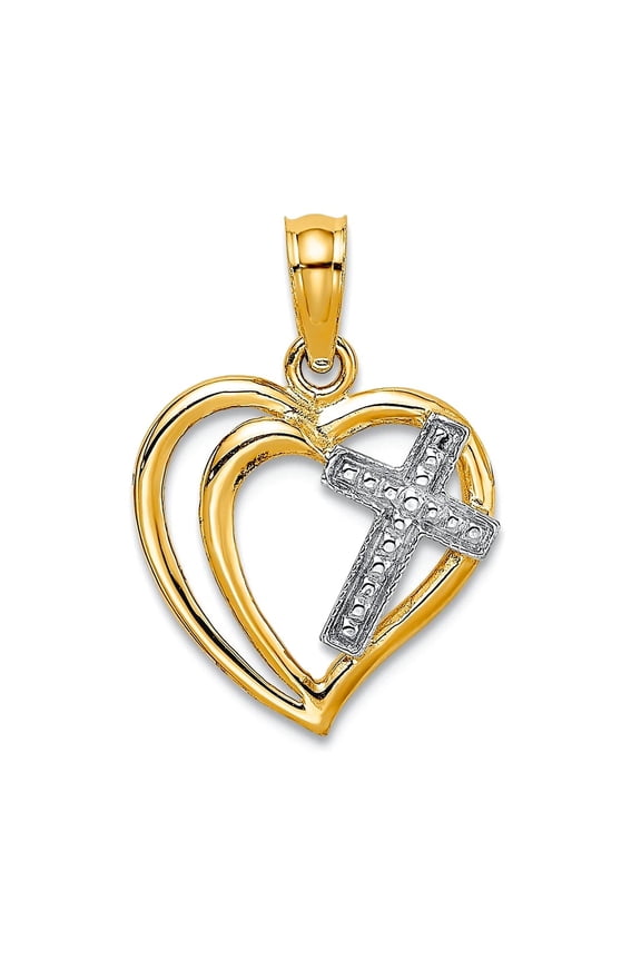 10k Gold Double Love Heart With White Religious Faith Cross Inside 18.15x13mm Wide Pendant Necklace for Women