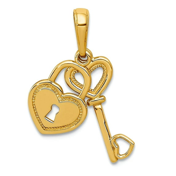 10k Gold Key and Love Heart Pendant Necklace Shaped Lock Moveable (2 Pieces) 21x7mm Wide Pendant for Women