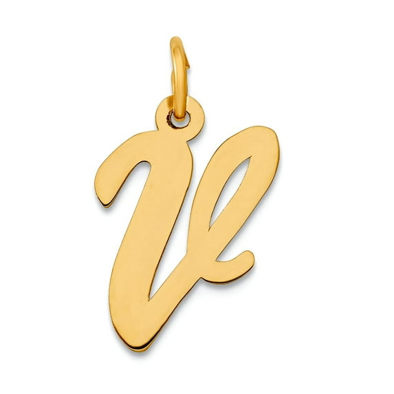 10k Solid Yellow Gold Medium Script Letter V Initial Charm Pendant Necklace for Women - .4 Grams