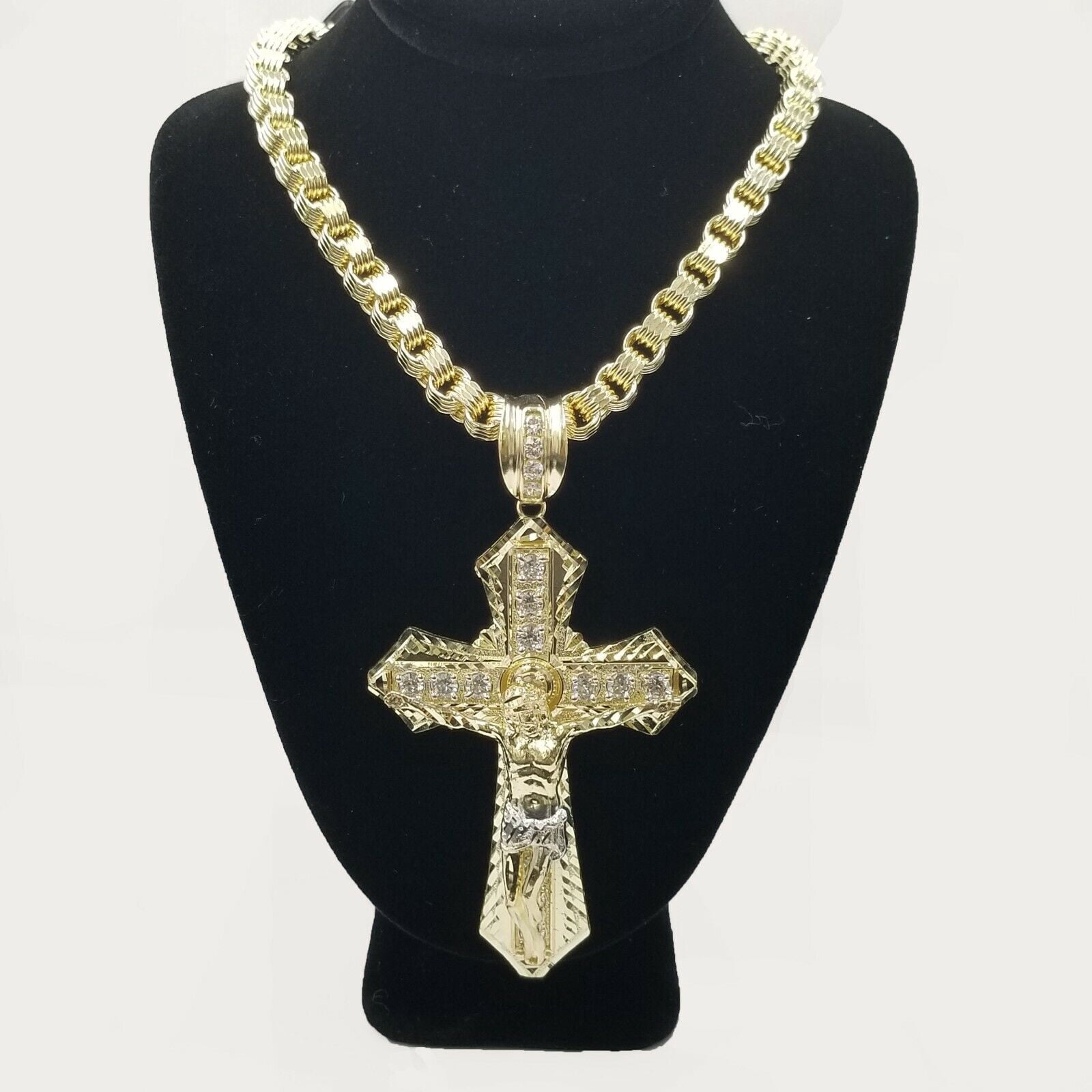 10k Gold Mens Byzantine Box Necklace 26" Cross Charm Pendant Jesus (length:Chain with Charm;)