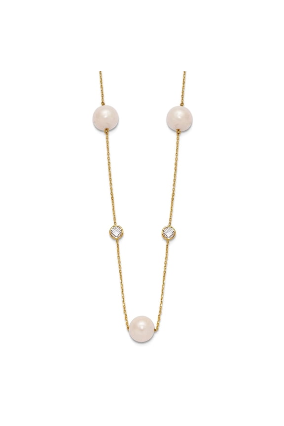 10k Solid Yellow Gold Polished Cubic Zirconia and 7-8mm Freshwater Cultured Pearl 7 Station Necklace 20 Inch Pendant Nec