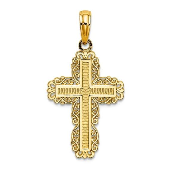 10k Gold Religious Faith Cross With Lace Trim Border 25.9x15mm Wide Pendant Necklace for Women