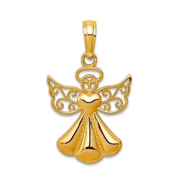 10k Gold Religious Guardian Angel With Filigree Wings Holding a Love Heart Pendant Necklace High Polish 23x14mm Wide Pen