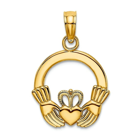 10k Gold Round Irish Claddagh Celtic Trinity Knot Pendant Necklace High Polish and Textured 18mm long Pendant for Women