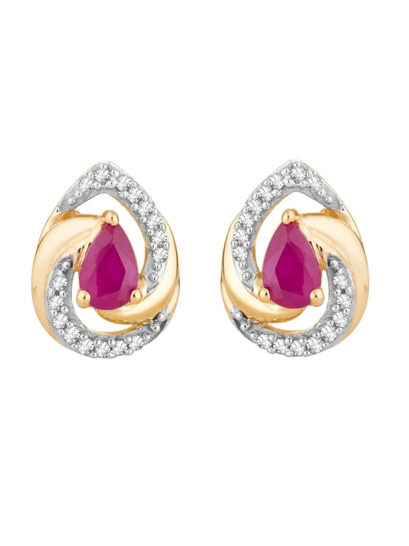 10k Gold Ruby & 1/10 Carat T.W. Diamond Teardrop Stud Earrings