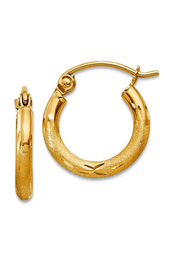 10k Solid Yellow Gold Satin and Sparkle-Cut 2mm Round Tube Hoop Earrings 13mm Long 2mm Thick Hoop Earring for Women