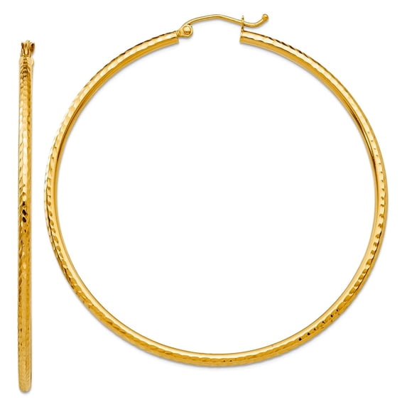 10k Solid Yellow Gold Sparkle-Cut 2mm Round Tube Hoop Earrings 55mm Long 2mm Thick Hoop Earring for Women