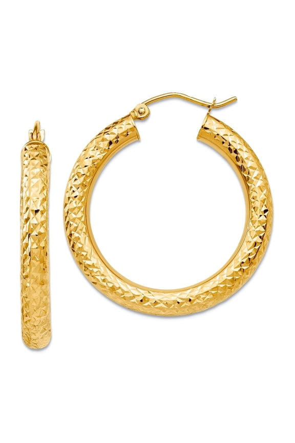 10k Solid Yellow Gold Sparkle-Cut 4mm Round Hoop Earrings 30mm Long 4mm Thick Hoop Earring for Women