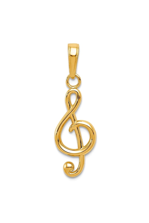10k Gold Treble Clef Note 2-d and High Polish Music Note Charm 25x8mm Wide Pendant Necklace for Women