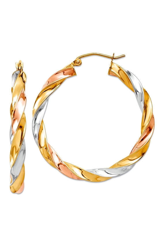10k Gold Tri-color Light Twisted Hoop Earrings 34x36mm Wide 4mm Thick Hoop Earring for Women