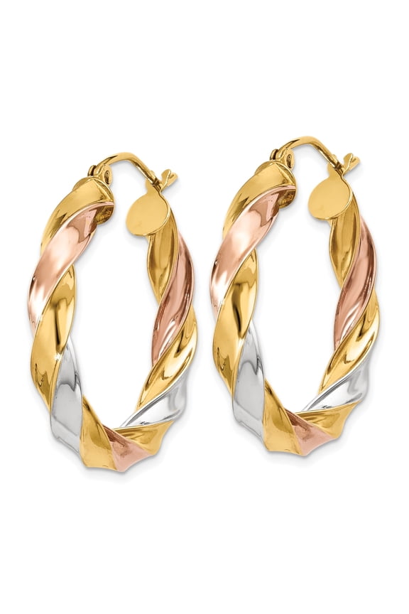 Twisted Hoop Earrings for Women 10K Light Tri-Color Gold with Wire & Clutch Closure