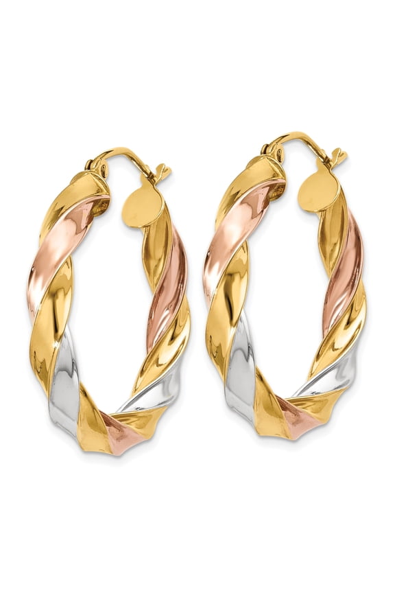Twisted Hoop Earrings for Women in 10K Light Tri-Color Gold with Wire & Clutch Closure