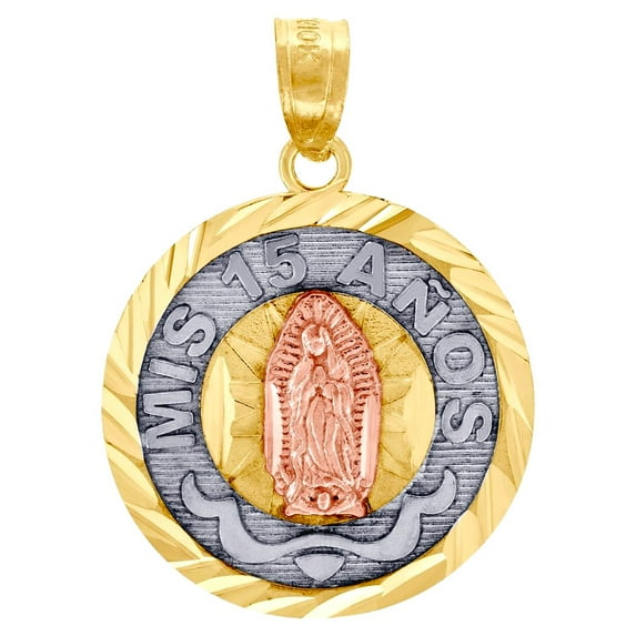 10k Gold Tri-color Diamond-cut Unisex Mis 15 Anos Guadalupe Mary Quinceanera Pendant Necklace 23.3x16.9mm Wide Pendant f