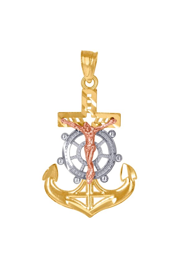 10k Gold Tri-color Unisex Nautical Ship Mariner Anchor Cross Crucifix Height 29.8mm X Width 16.3mm Religious Charm Penda
