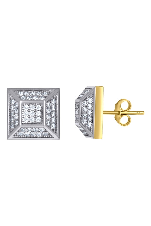 10k Gold Two-Tone CZ Mens Square Push Back Studs