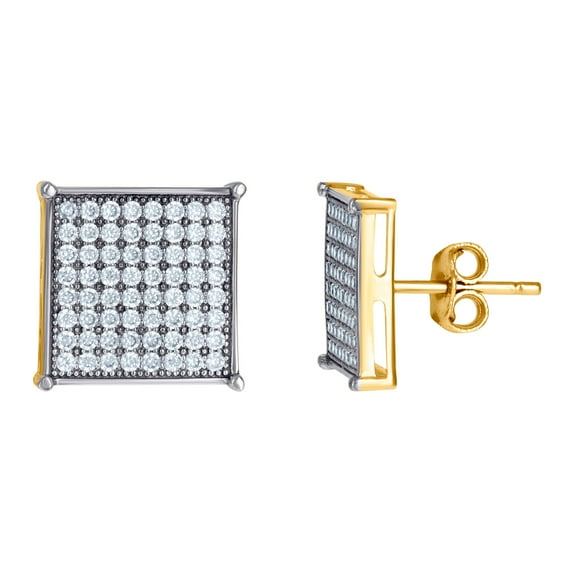 10k Gold Two-tone Cubic Zirconia Mens Square 10.8mm Push Back Studs Stud Earring for Men - 2.3 Grams