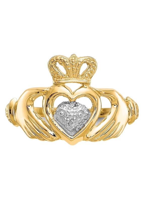 10K Yellow Gold Rhodium Plated Two Tone Claddagh Ring Heart Hands Crown Design for Unisex
