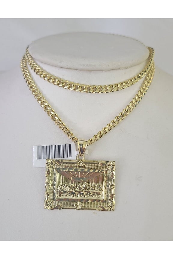 10k Last Supper Charm Miami Cuban Chain Pendant Set 5mm Necklace Yellow Gold (length:With 18 Inch Chain;)