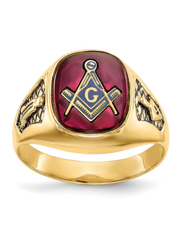 10k Men's Polished and Textured with Black Enamel and Lab Created Ruby Masonic Ring