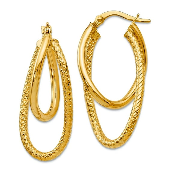 10k Solid Yellow Gold Polished and Textured Hinged Hoop Earrings 28x15mm Wide 9mm Thick Hoop Earring for Women