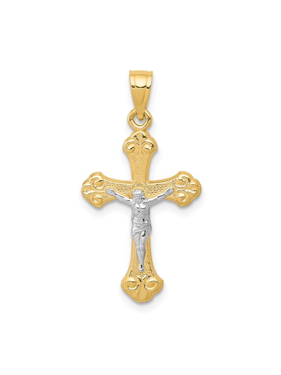 10k Real Gold Crucifix Cross Pendant for Men and Women Textured Two Tone Baroque Religious Necklace Solid Rhodium Accents Faith Inspired Spiritual Jewelry Accessory