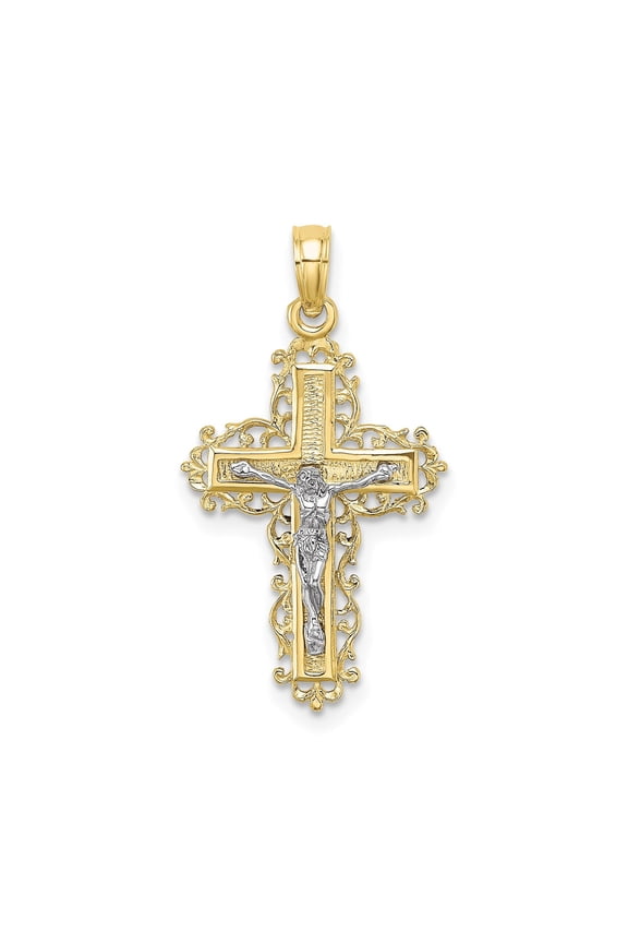 10k Real Gold Crucifix Cross Pendant for Men and Women Two Tone Yellow and White Gold Baroque Textured Religious Catholic Necklace Fine Spiritual Jewelry Symbol of Faith