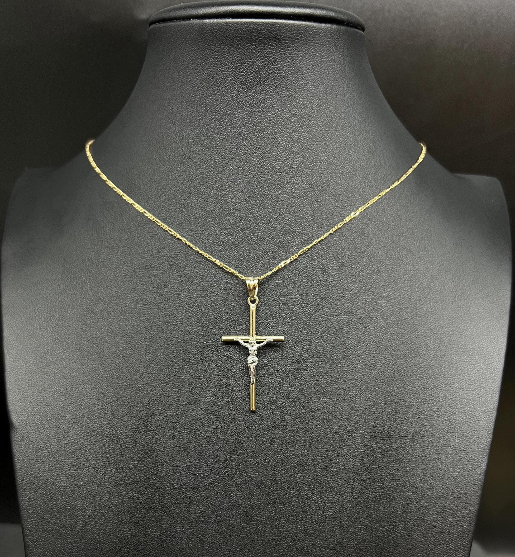 10k Real Gold Jesus Crucifix Pendants Necklace, 10k Real Gold Two Tone Cross with 10k Solid Gold 1mm Figaro Chain, Cross, 10k Gold Cross (Chain Lenght:with 16'' chain;)