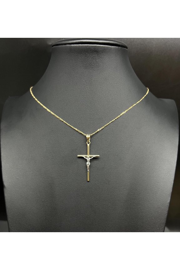 10k Real Gold Jesus Crucifix Pendants Necklace, 10k Real Gold Two Tone Cross with 10k Solid Gold 1mm Figaro Chain, Cross, 10k Gold Cross (Chain Lenght:with 16'' chain;)