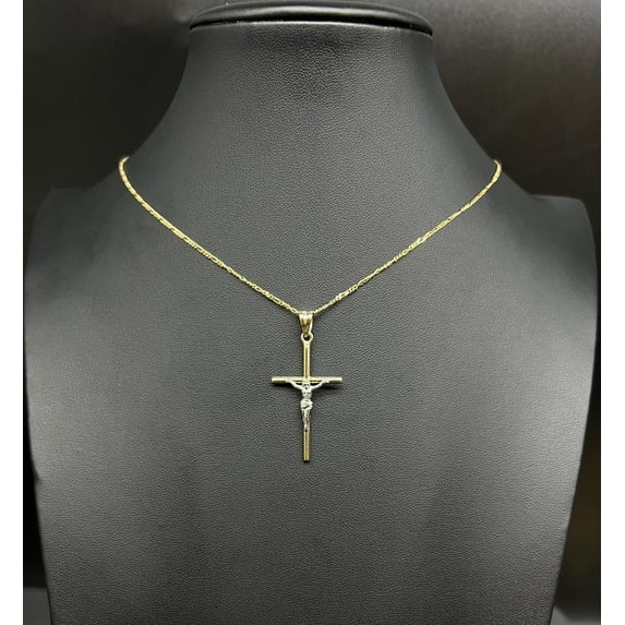 10k Real Gold Jesus Crucifix Pendants Necklace, 10k Real Gold Two Tone Cross with 10k Solid Gold 1mm Figaro Chain, Cross, 10k Gold Cross (Chain Lenght:with 24'' chain;)