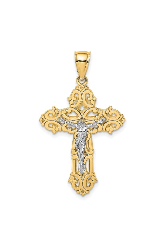 10k Real Gold Two Tone Crucifix Cross Pendant for Men and Women Latin Religious Necklace with Jesus Figure and High Polish Filigree Scroll Design Christian Jewelry