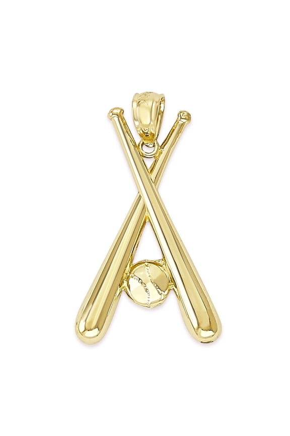 Golden Fire Solid 10k Gold Baseball Bats Pendant - Sports Jewelry, Softball Player Gift for Athlete