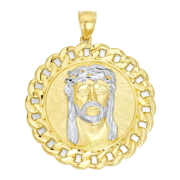 10k Real Solid Gold Jesus Head Medallion with Cuban Link Detailing, Catholic Gift