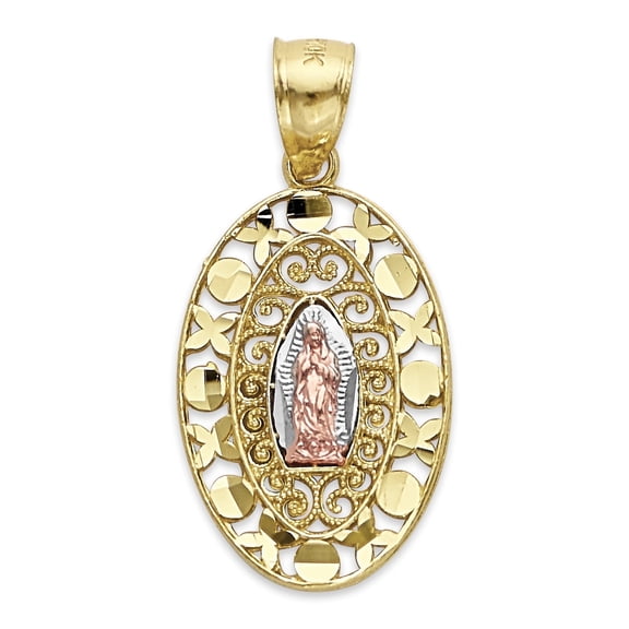 Golden Fire Solid 10k Tricolor Gold Our Lady of Guadalupe Pendant - Religious Jewelry