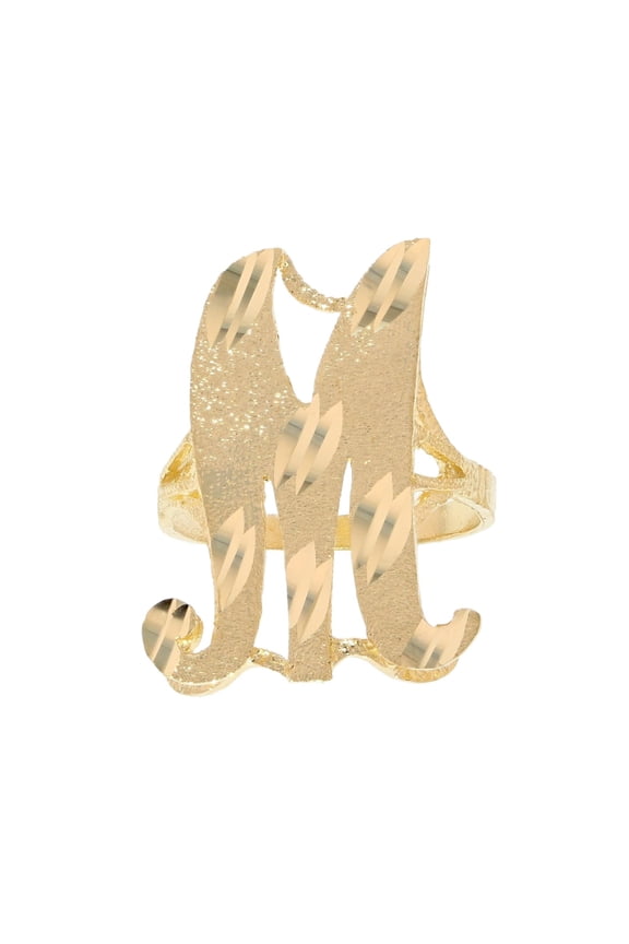 10k Real Yellow Gold Ladies Tendy Chic Diamond Cut Cursive Inital Letter M Ring