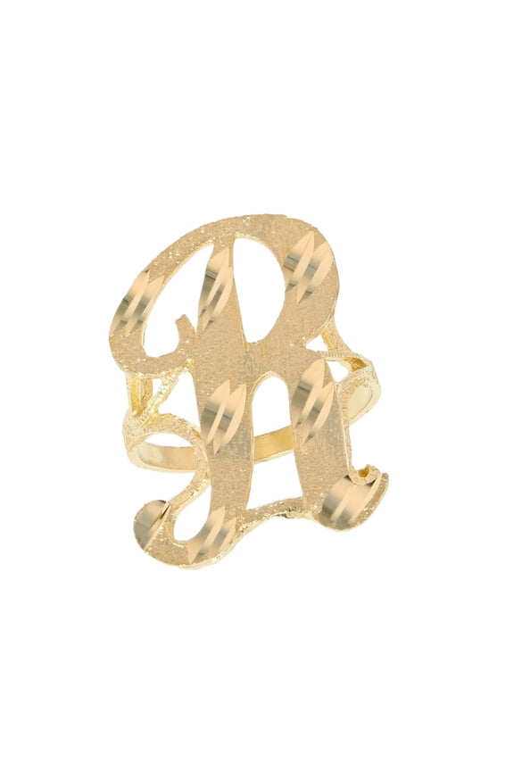 10k Real Yellow Gold Ladies Tendy Chic Diamond Cut Cursive Inital Letter R Ring