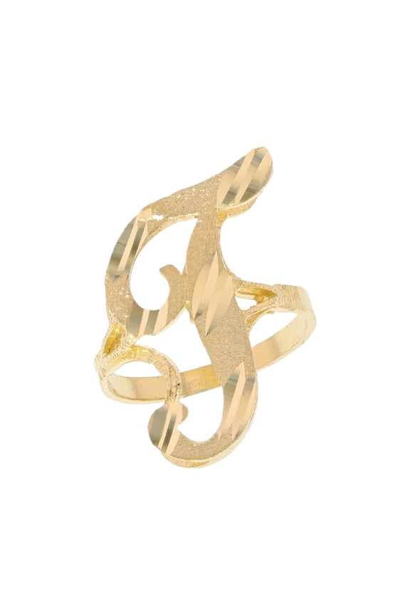 10k Real Yellow Gold Ladies Tendy Chic Diamond Cut Cursive Inital Letter T Ring